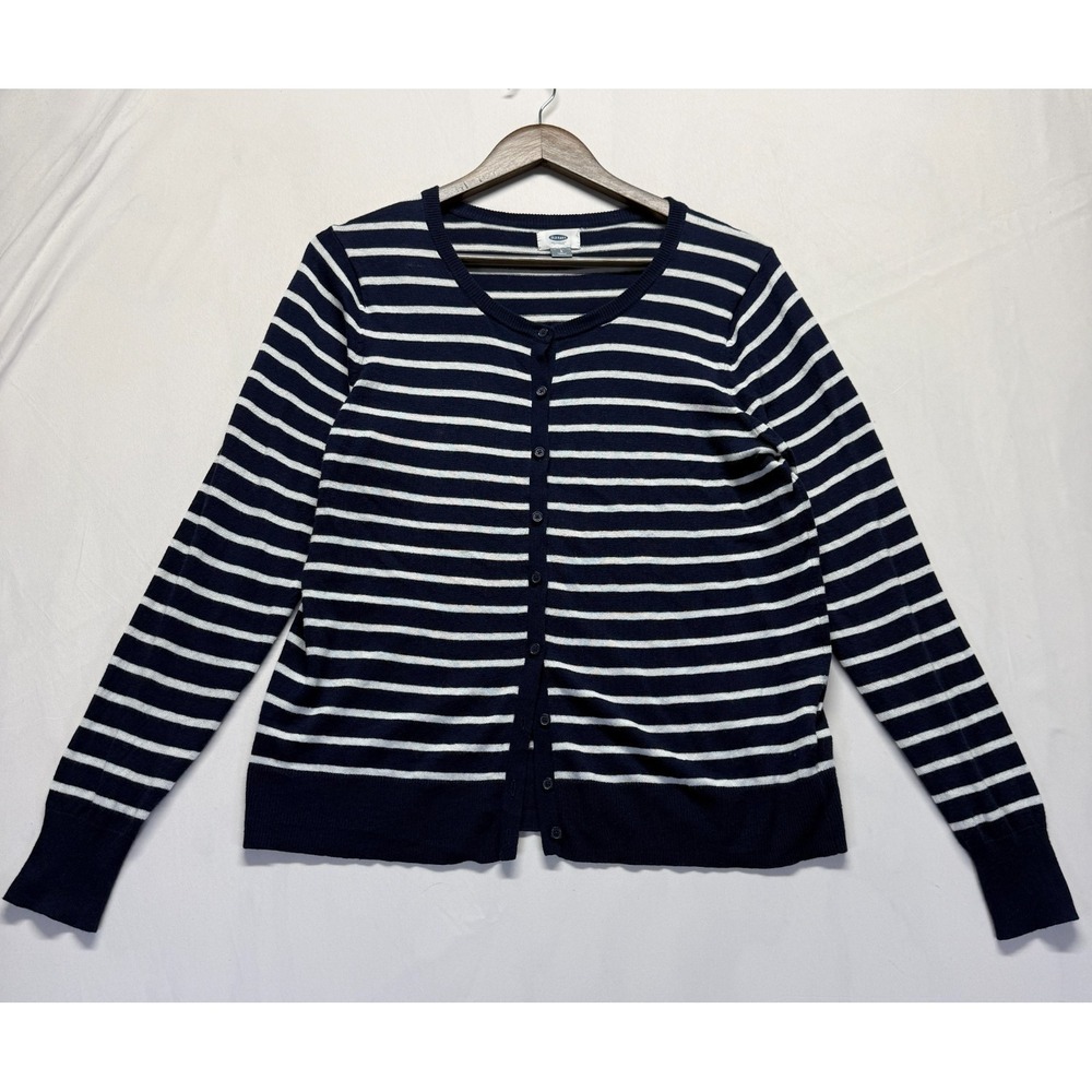 Old Navy Cardigan Sweater Women Large Navy White Striped Tight Knit Button Front